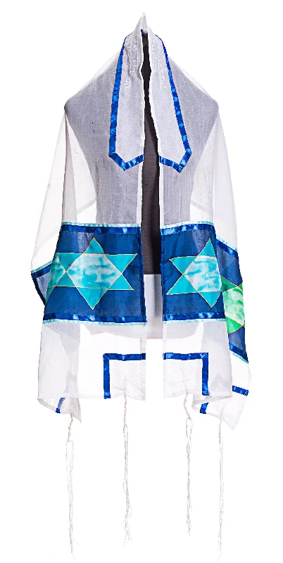 Blue and Green Stars of David Tallit (H8), Bat Mitzvah Tallit, Girl's Tallis, Women's Tallit Prayer Shawl Fashionable Oversized Shawl
