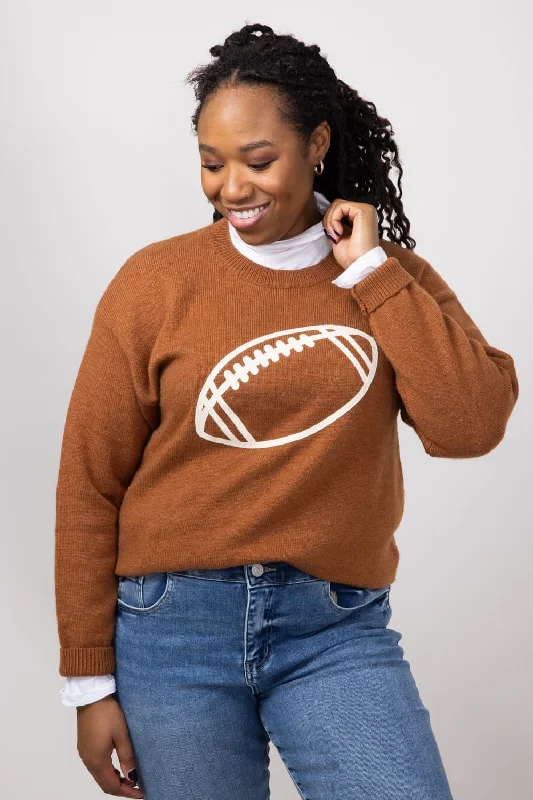Football Knit Sweater for Women in Brown | GW22FB-BRN Solid Print Embellished