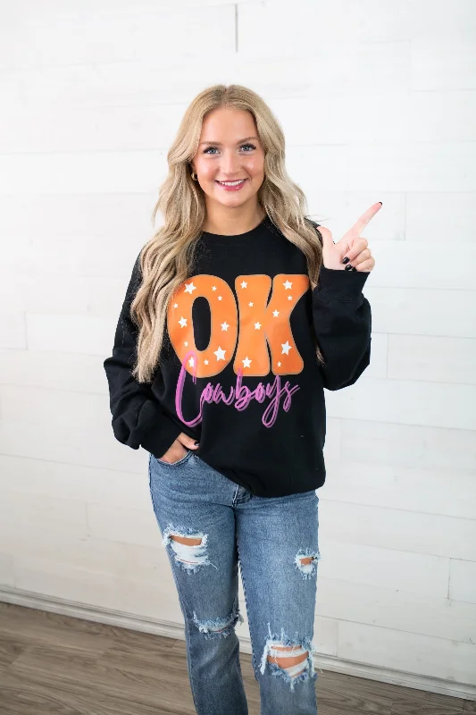 XO, Hannah OK OSU Sweatshirt-Black Hoodie with Hem Raw Edge Edgy Unfinished