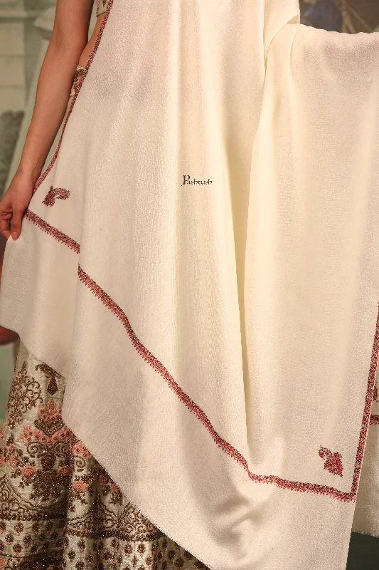 Pashtush Womens Fine Wool Shawl, Kashmiri Hand Embroidered Kingri Design, Ivory Elegant Lace Shawl Wrap