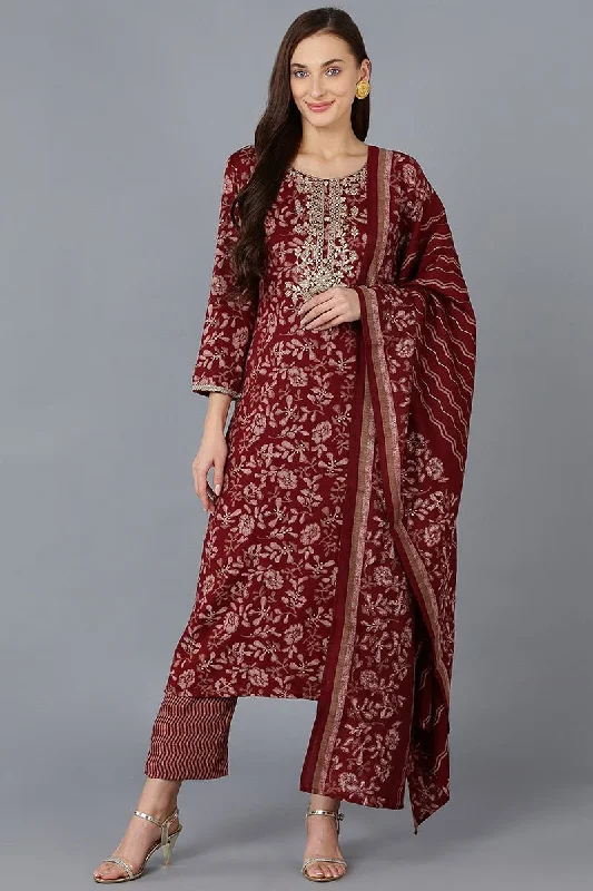 Maroon Silk Blend Floral Straight Kurta Trousers With Dupatta Trousers Trousers Formal