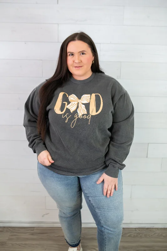 God Is Good Sweatshirt-Dark Grey Hoodie with Hem Patch Decorative Personalized