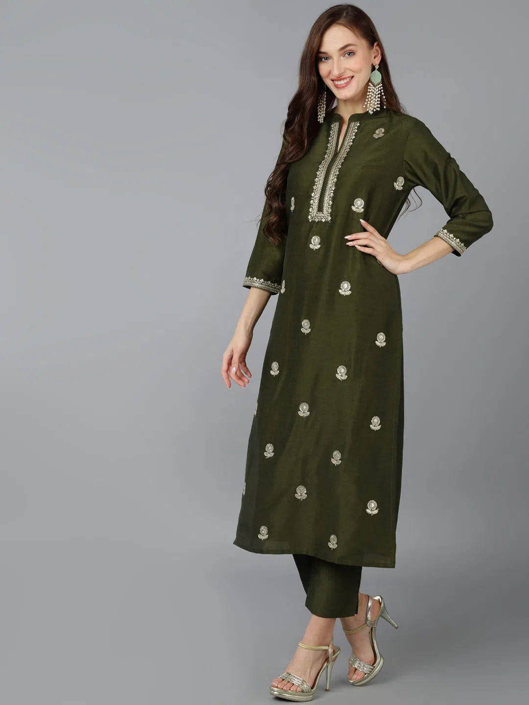 Ahika Women Silk Blend Embroidered Kurta Trouser-PKSKD1707_XS Trousers sophisticated sleek