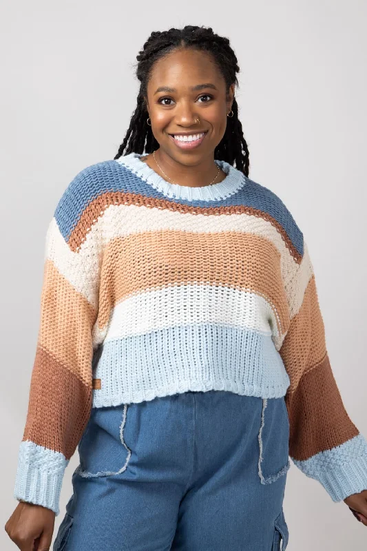 Simply Southern Striped Cropped Sweater for Women in Coast | PP-0224-SWTR-CLRSTRP-COAST Hooded Sweater Collared Sweater Shawl Collar