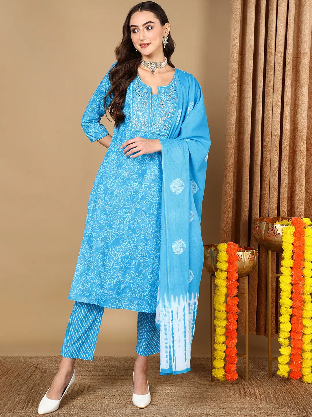 Ahika Women Blue Pure Cotton Bandhani Printed Embroidered Kurta Trouser With Dupatta Trousers Designer Luxury