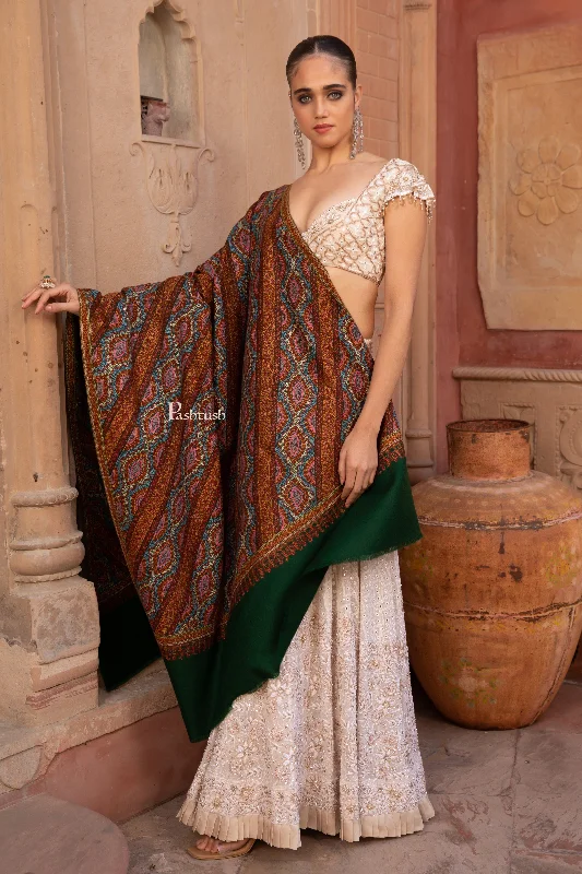 Pashtush Pashmina Shawl for Women, Handwoven Hand Embroidered, Kashmiri Paani Tanka Hand Embroidery, Royal Green Stylish Wool Shawl Wrap