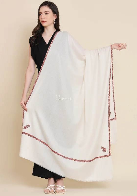 Pashtush Womens Fine Wool Shawl, Kashmiri Hand Embroidered Kingri Design, Ivory Warm Cashmere Shawl Cape