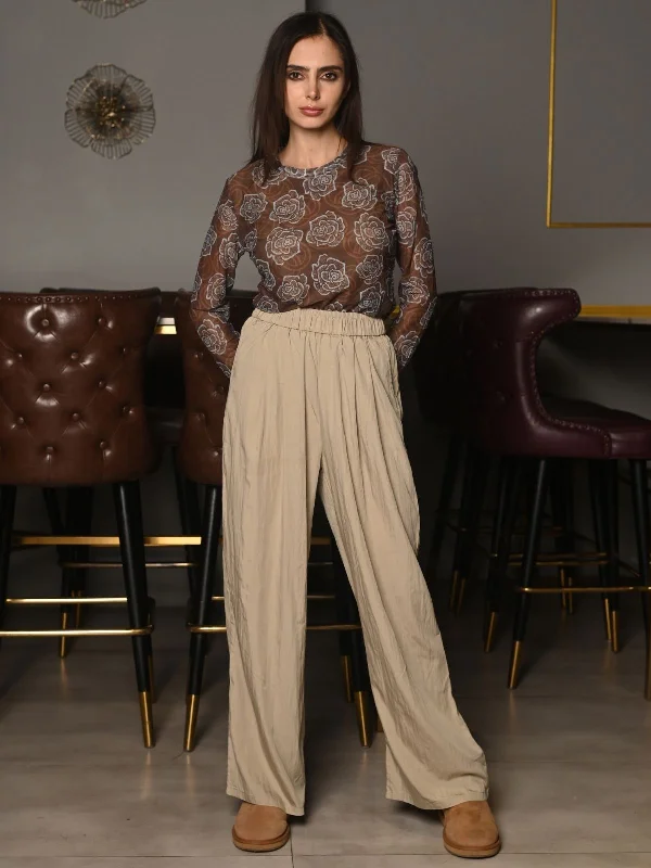 Odette Beige Knit Rib Trouser For Women Trousers Bootcut Casual