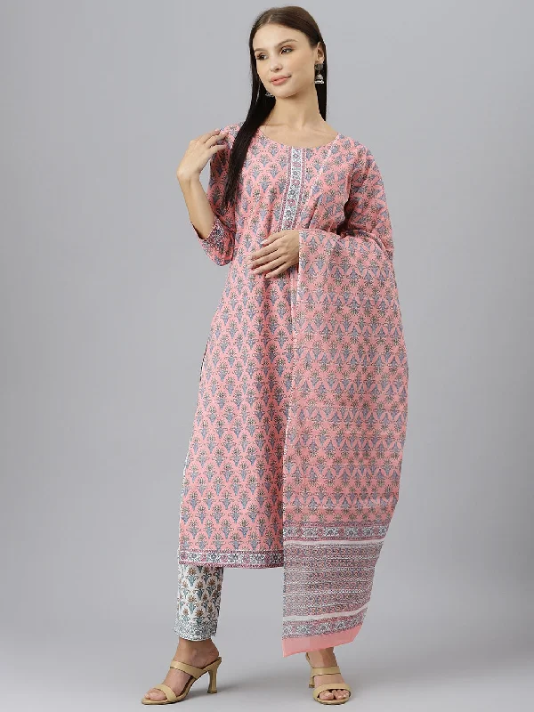 Divena Women Pink Printed Gotta Patti Pure Cotton Kurta with Trousers & Dupatta Trousers versatile functional