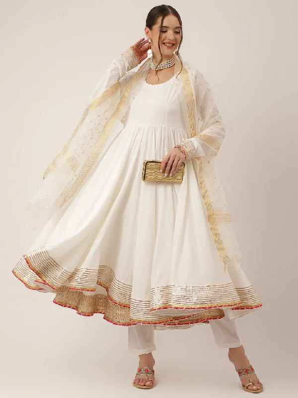 Off White Shree Ram Buta Cotton Layered Anarkali Kurta, Trouser With Dupatta Trousers Striped Patterned
