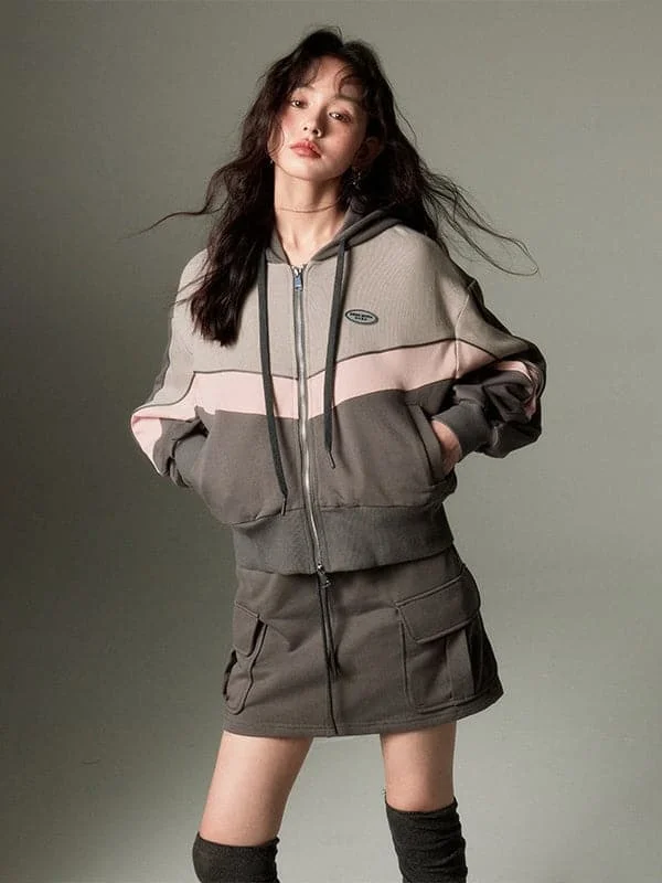 Sporty Zip-Up Hoodie & Flared Skirt Hoodie with V-Neck Classic Versatile