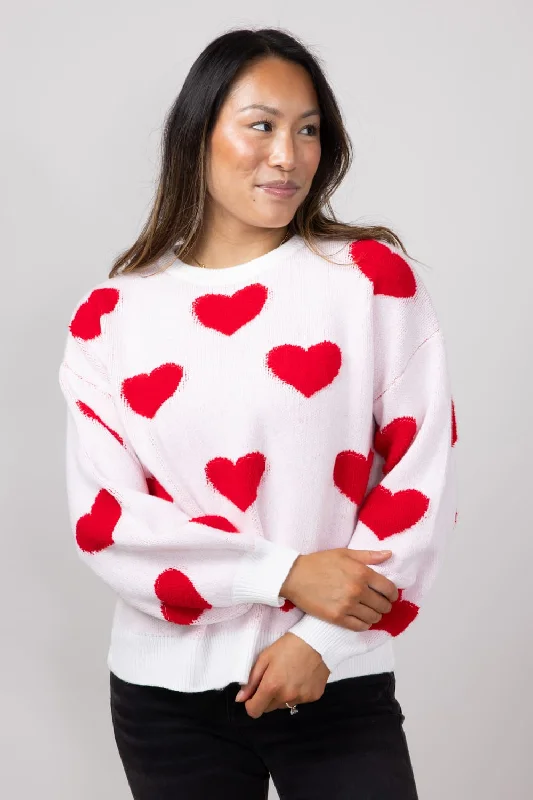 Miracle Multi Heart Sweater for Women in Ivory/Red | W8373-IVORY Collared Crew Neck Turtle Neck