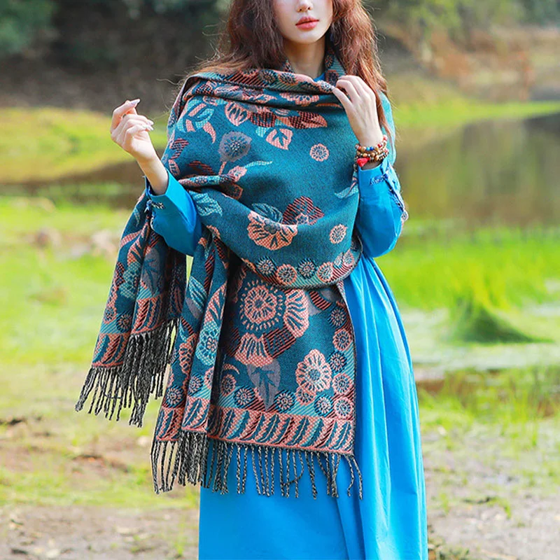 Buddha Stones Tibetan Flower Floral Leaves Pattern Design Shawl Cozy Travel Scarf Wrap Fashionable Oversized Shawl