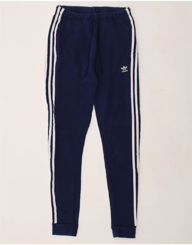 ADIDAS Womens Tracksuit Trousers Joggers UK 8 Small Navy Blue Trousers Plaid Checkered
