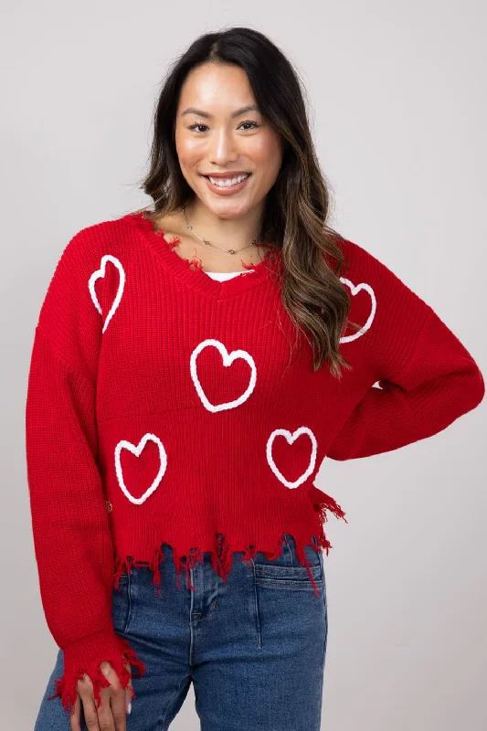 Simply Southern Heart Distressed V-Neck Sweater for Women in Red | PP-0224-SWTR-KNT-VNCK-VAL Denim Fabric Leather Fabric Suede Fabric