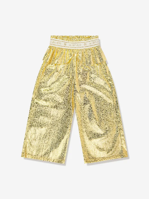 Aigner Girls Metallic Trousers in Gold Wide Leg Loose Fit Mid Waist