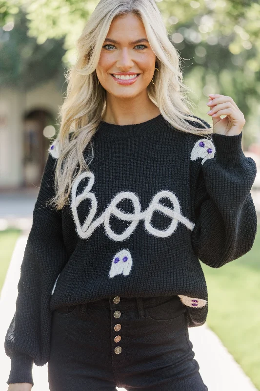 Hey Boo Black Script Sweater Herringbone Houndstooth Plaid