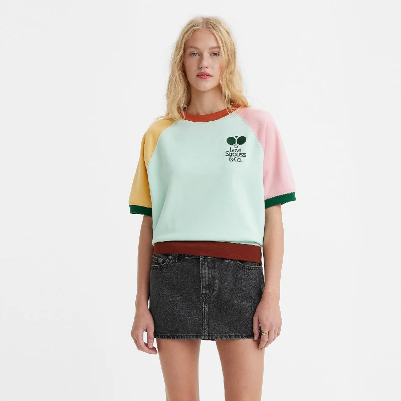 LEVI'S® WOMEN'S GRAPHIC SHORT SLEEVE SWEATSHIRT - Size XS & S Hoodie with Mock Neck Collared Structured
