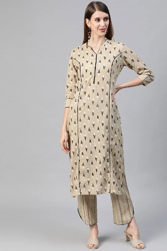 Beige Cotton Woven Design Kurta With Trousers Trousers Pleated Formal