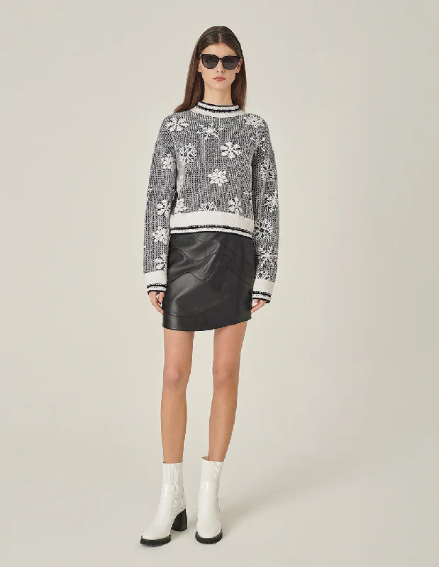 MARYLING Round Neck Snow-Flower Long-Sleeve Jacquard Knitted Cropped Pullover Lapel Neck Sweater