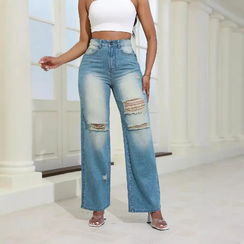 Fashion High Waist Ripped Jeans With Pockets Comfortable Slim Fit Trousers Straight Wide-leg Pants Womens Clothing Trousers Evening Elegant