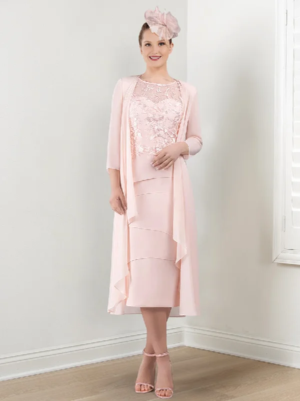 Sheath/Column Round Neck Mother of the Bride Dresses with Applique & Jacket Quilted Jacket Puffer Jacket Insulated Jacket