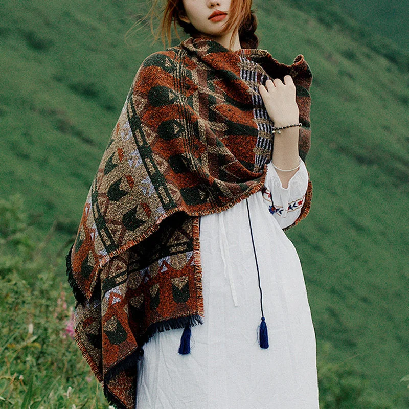 Buddha Stones Tibetan Shawl Classic Geometry Pattern Winter Cozy Travel Scarf Wrap Elegant Velvet Shawl Cape