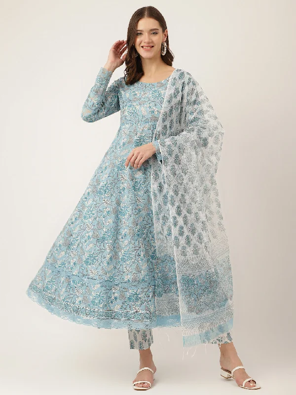Divena Sky Blue Hand Block Floral Print Cotton Kurta, Trouser With Dupatta Trousers practical easy-care