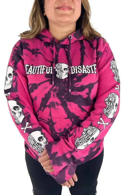 Hating Me Tie Dye Pullover Hoodie - Pink/Black Hoodie with Slit Hem Functional Movement