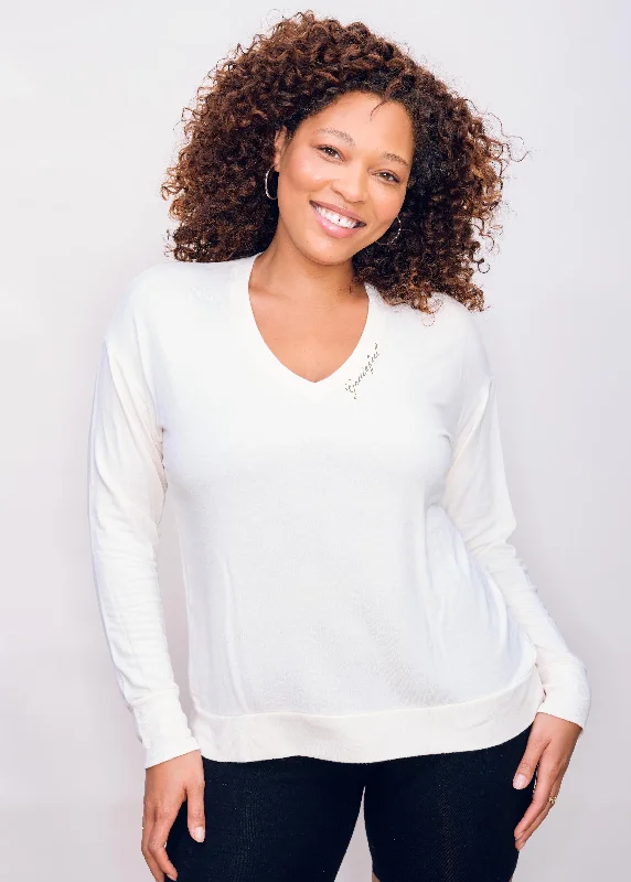 'Grateful' Ultra-Soft V-Neck Pullover - Cream Crew Neck Wool