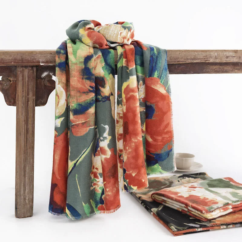 Buddha Stones Tibetan Chinese Retro Ink Painting Flower Print Shawl Fall Winter Cozy Warm Scarf Wrap Soft Cotton Shawl Poncho