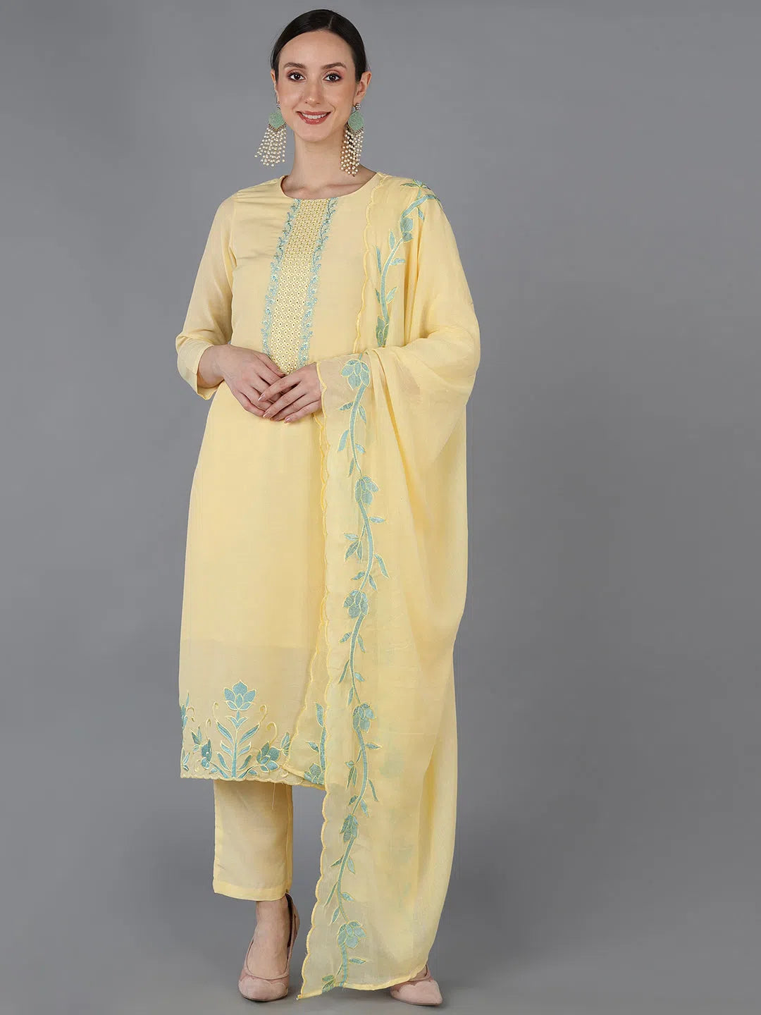 Ahika Women Silk Blend Embroidered Kurta Trousers-PKSKD1494A_XS Wide Leg Loose Fit Mid Waist