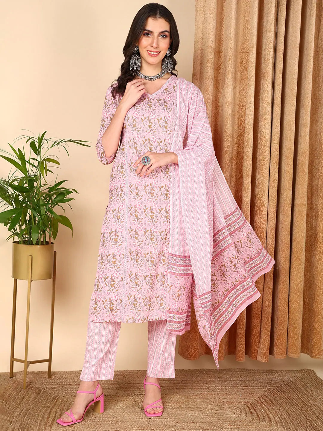 Ahika Women Pink Pure Cotton Floral Printed Kurta Trouser With Dupatta Trousers High Rise Slim Fit