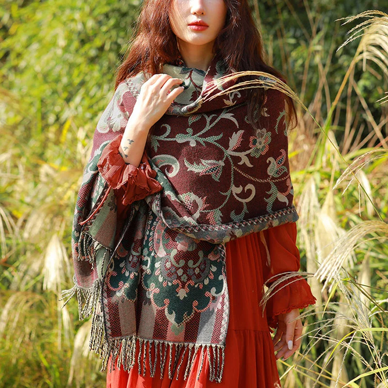 Buddha Stones Tibetan Flowers Leaves Branch Design Tassel Shawl Cozy Travel Scarf Wrap Warm Woolen Shawl Wrap