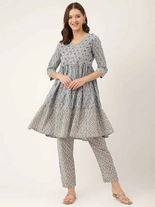 Divena Sky Blue Hand Block Floral Print Cotton Kurta, Trouser Trousers Cargo pockets
