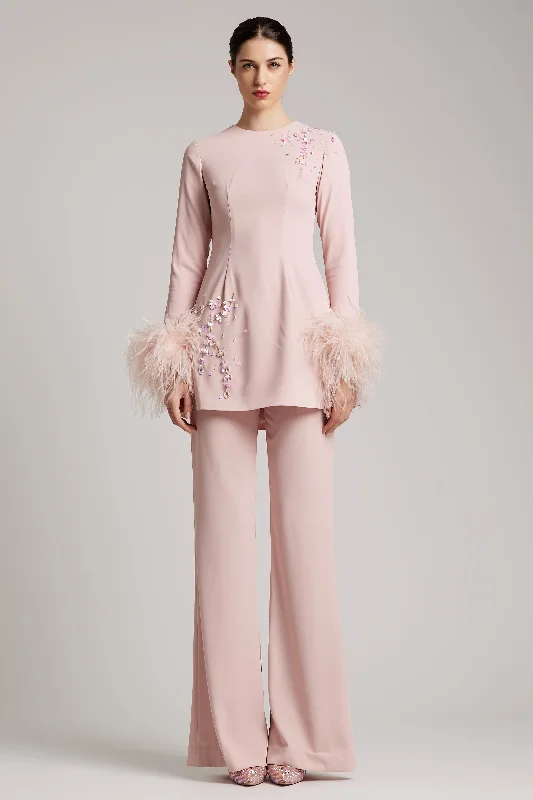 High Waisted Flare Leg Trousers in Blush Pink Trousers Designer Luxury