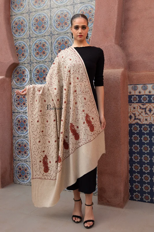 Pashtush Womens Fine Wool Shawl, Heavy Jaal Embroidery Design, Beige Chic Knit Shawl Poncho
