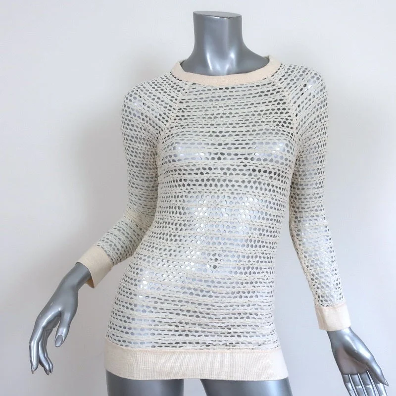 Isabel Marant Fishnet Top Cream Stretch Cotton Size 1 Long Sleeve Pullover Plunging Neck Pullover