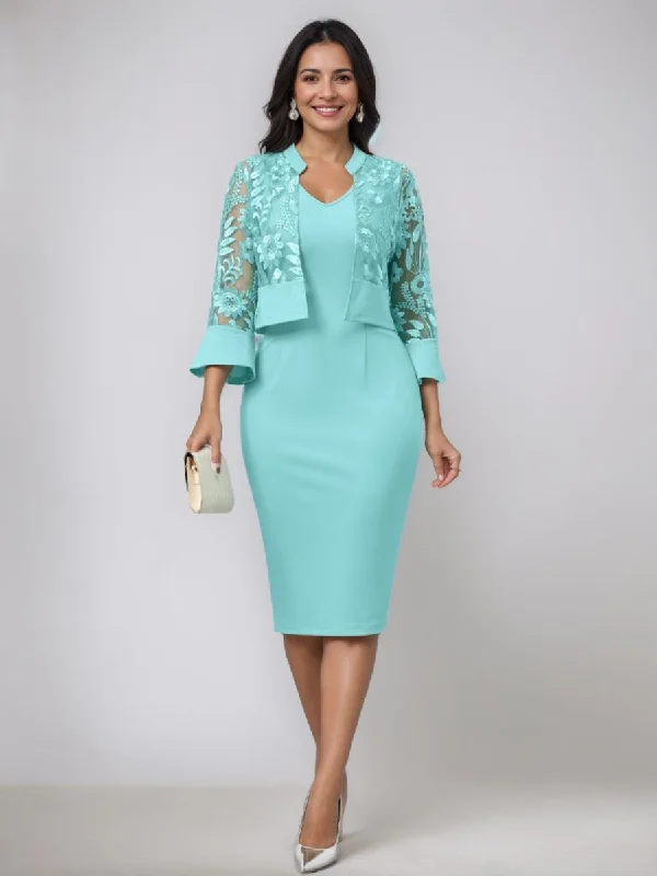 Sheath/Column V-Neck Tea-Length Mother of the Bride Dresses with Appliques & Jacket Zippered Jacket Buttoned Jacket Snapped Jacket Sheath/Column V-Neck Tea-Length Mother of the Bride Dresses with Appliques & Jacket Zippered Jacket Buttoned Jacket Snapped Jacket