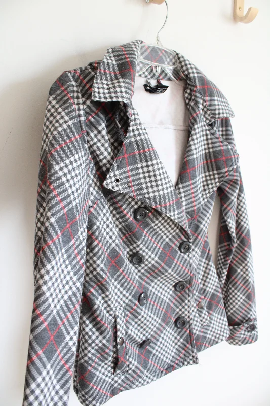 Wet Seal Gray White & Red Plaid Fleeced Lined Jacket Hoodie | L Hoodie with Mesh Breathable Sporty