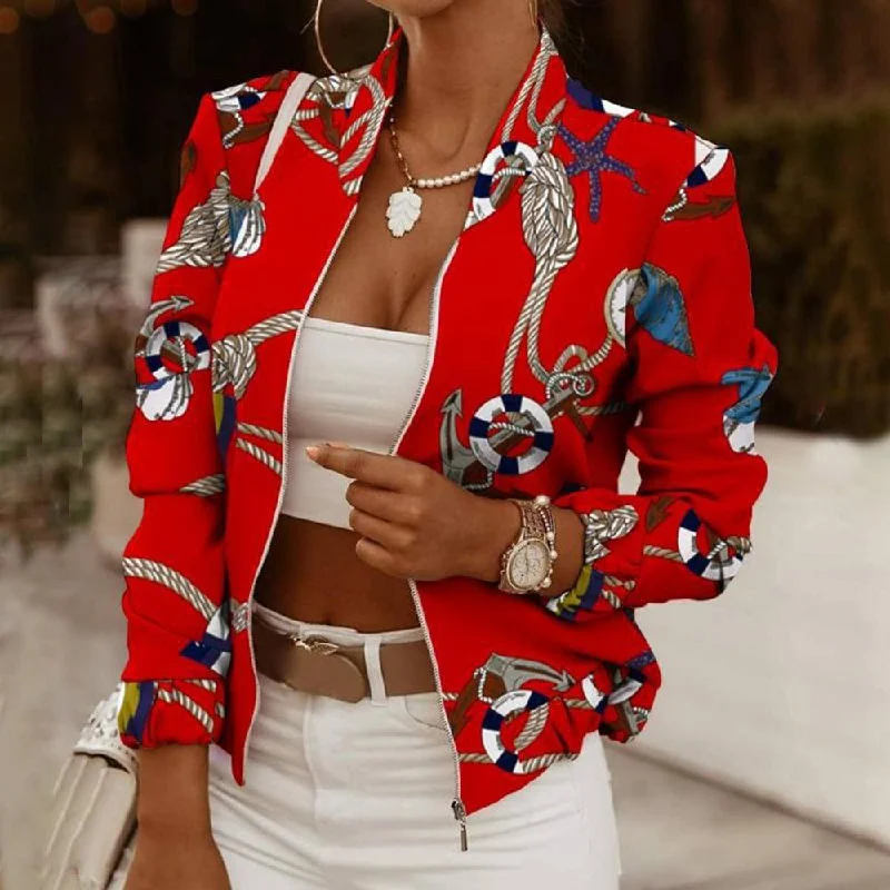 Spring Autumn Casual Thin Jacket Vintage Print Tops Women Fashion Long Sleeve Zipper Ladies Jackets Coat Woman Veste Femme Striped Jacket Polka Dot Jacket Floral Jacket