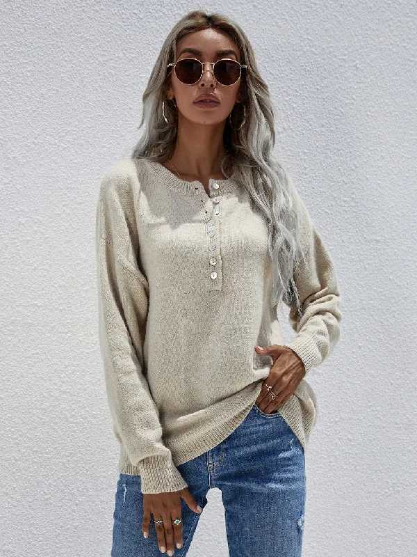 FASHION WOMEN SINGLE BREASTED PULLOVER SWEATER Bell Sleeve Stylish