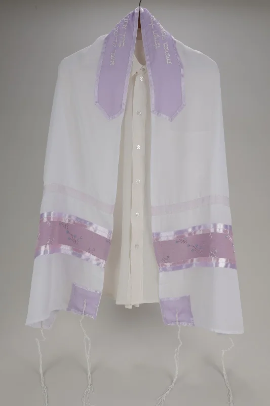 Violet Floral Decorated Prayer Shawl Tallit for Women, Bat Mitzvah Tallit, Tallit for Girl, Tallit for Women Fashionable Shawl with Tassels