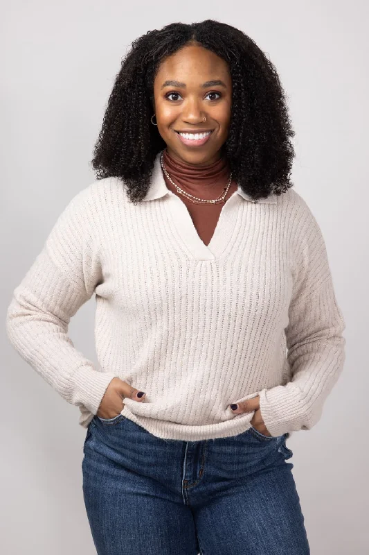 Johnny Collar Sweater for Women in Heather Oatmeal | LF2S25074-OAT Mesh Blend Leather Blend Suede Blend