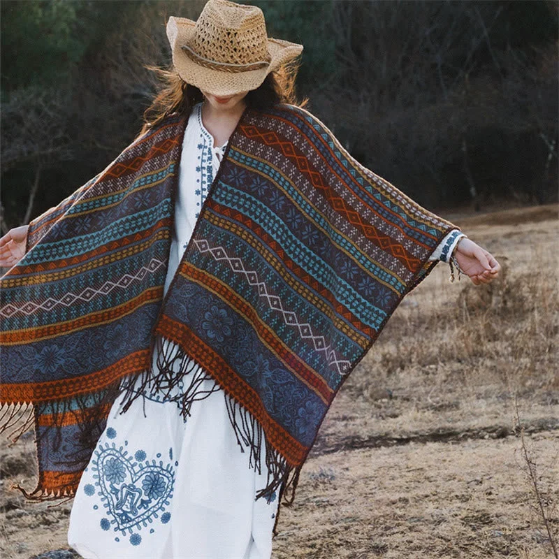 Buddha Stones Tibetan Geometric Horizontal Stripe Flower Leaf Tassels Shawl Fall Winter Cozy Scarf Wrap Stylish Cashmere Shawl Cape
