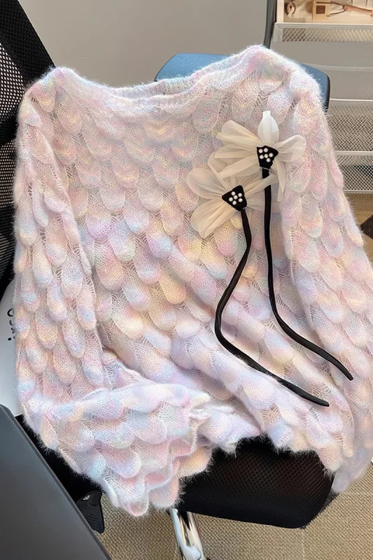 Lazy Style Gradient Soft Flower Knitted Round Neck Pullover Top Sweater Thick Cable Knit