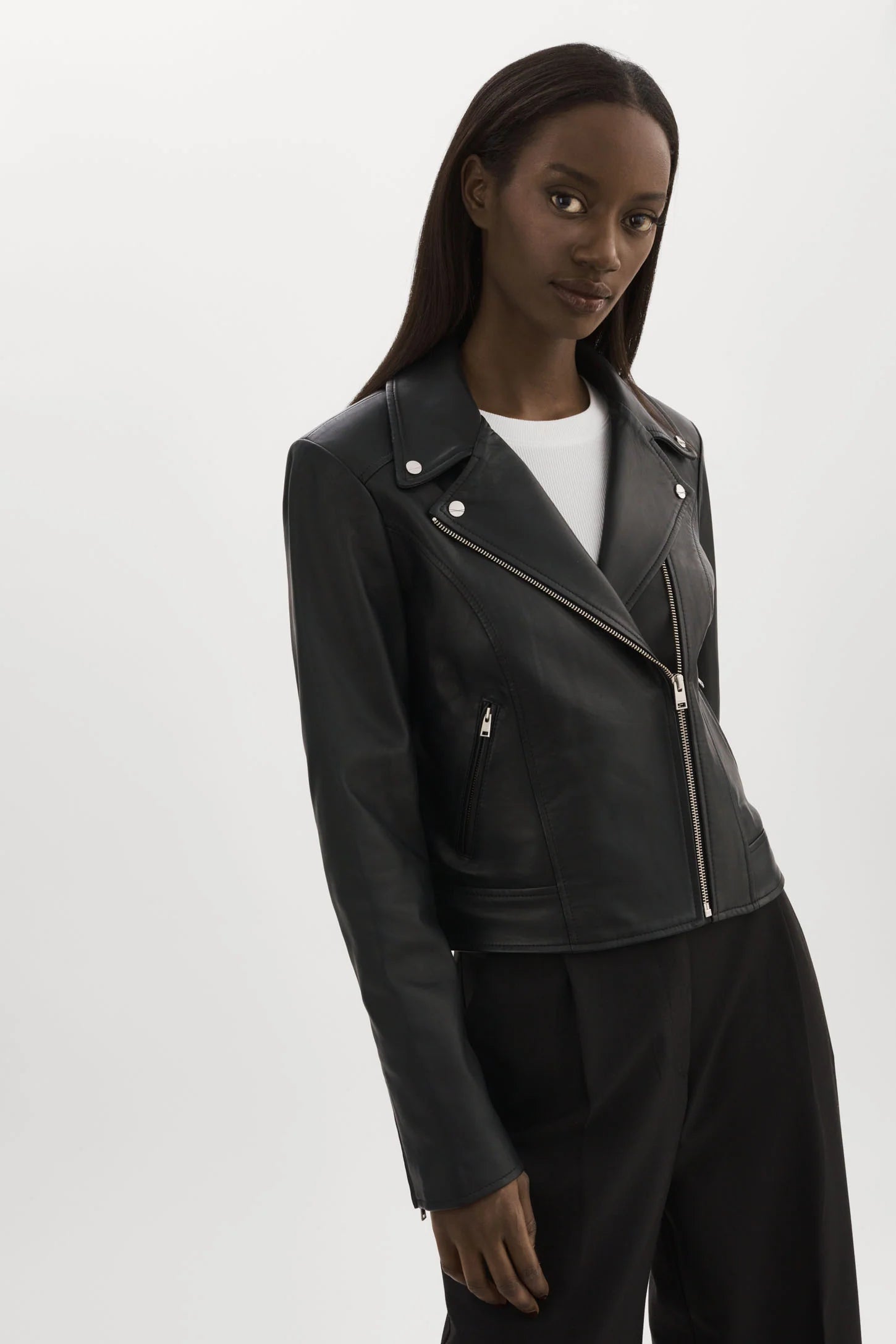 Kelsey Leather Biker Jacket | Black / Silver One-Shoulder Jacket Off-the-Shoulder Jacket Asymmetrical Jacket