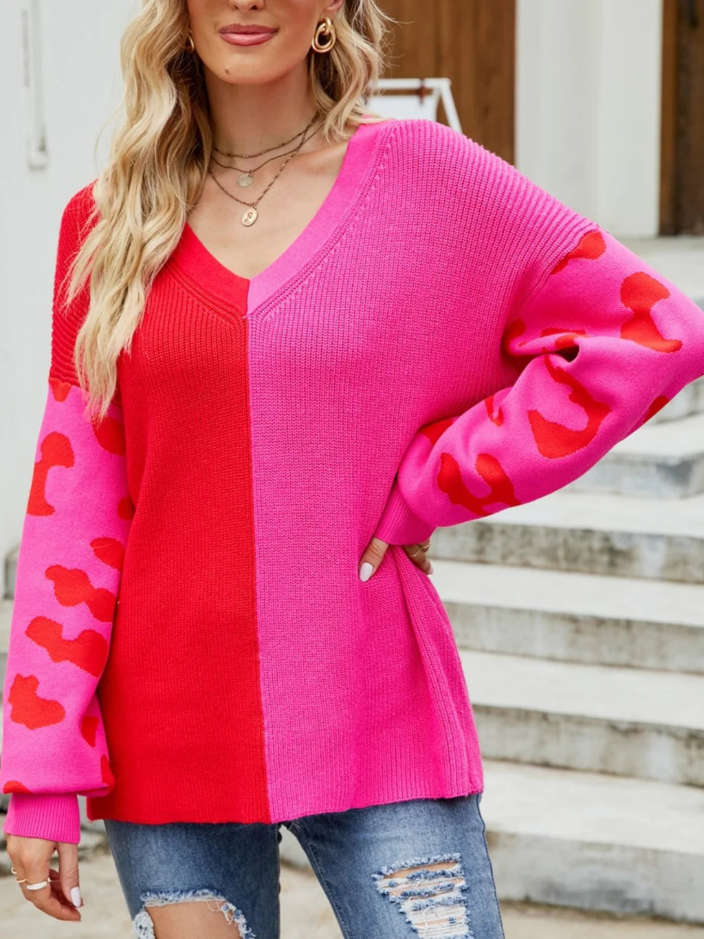 FASHION PULLOVER COLOR MATCHING SPLICING LONG SLEEVE SWEATER Lantern Sleeve Elegant