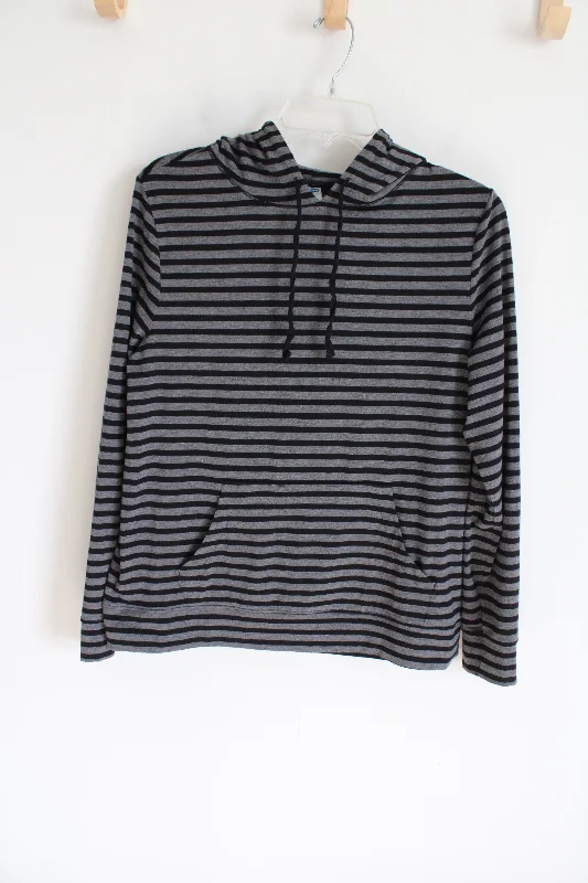 Old Navy Stretch Black Gray Striped Soft Hoodie | L Hoodie with Thumb Holes Functional Cozy