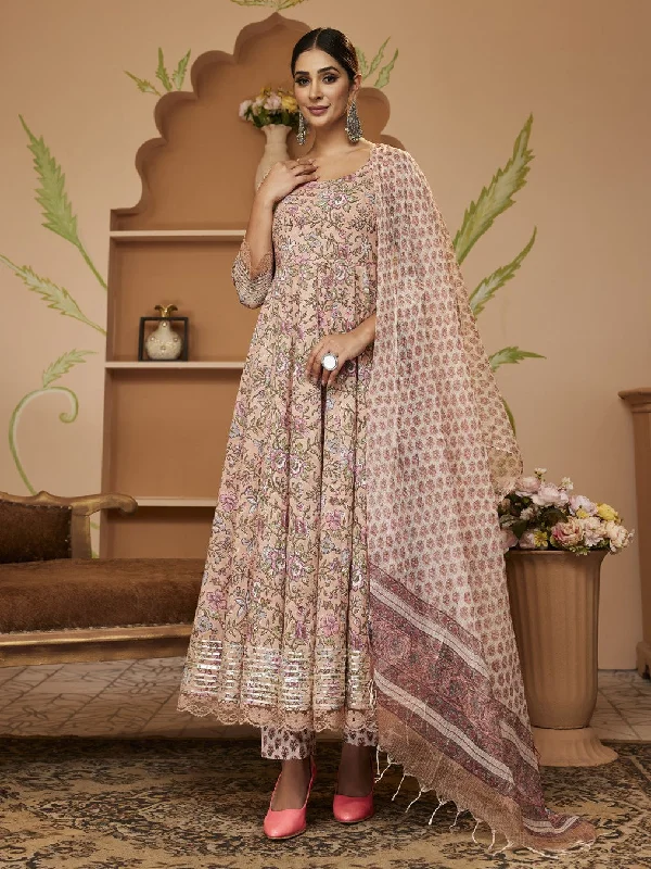 Divena Handblock Floral Printed Beige Anarkali Cotton Kurta With Trousers & Dupatta Trousers chic elegant